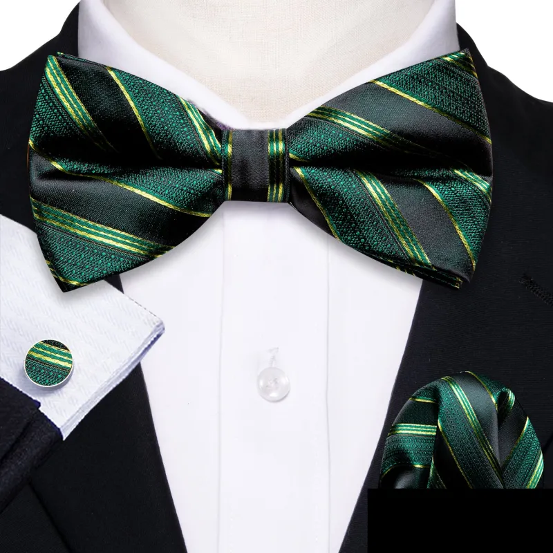 Green Striped Men Pre-tied Bow Tie Hanky Cufflinks Set made by Ties2You