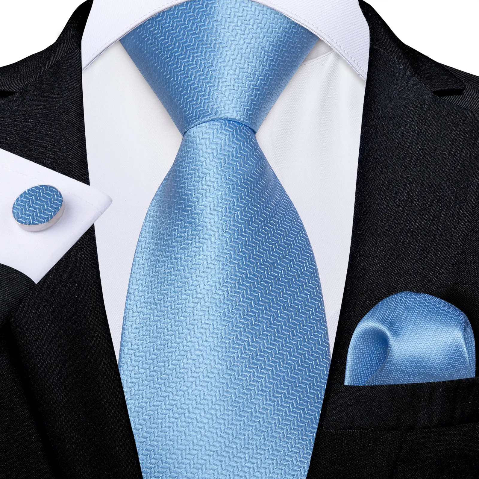 Sky Blue Solid Silk Pre-tied Tie Pocket Square Cufflinks Set sold by Ties2You product image thumbnail 2