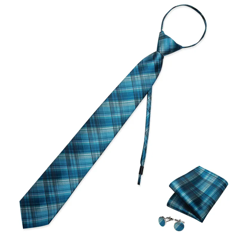 Blue Plaid Silk Pre-tied Tie Pocket Square Cufflinks Set sold by Ties2You