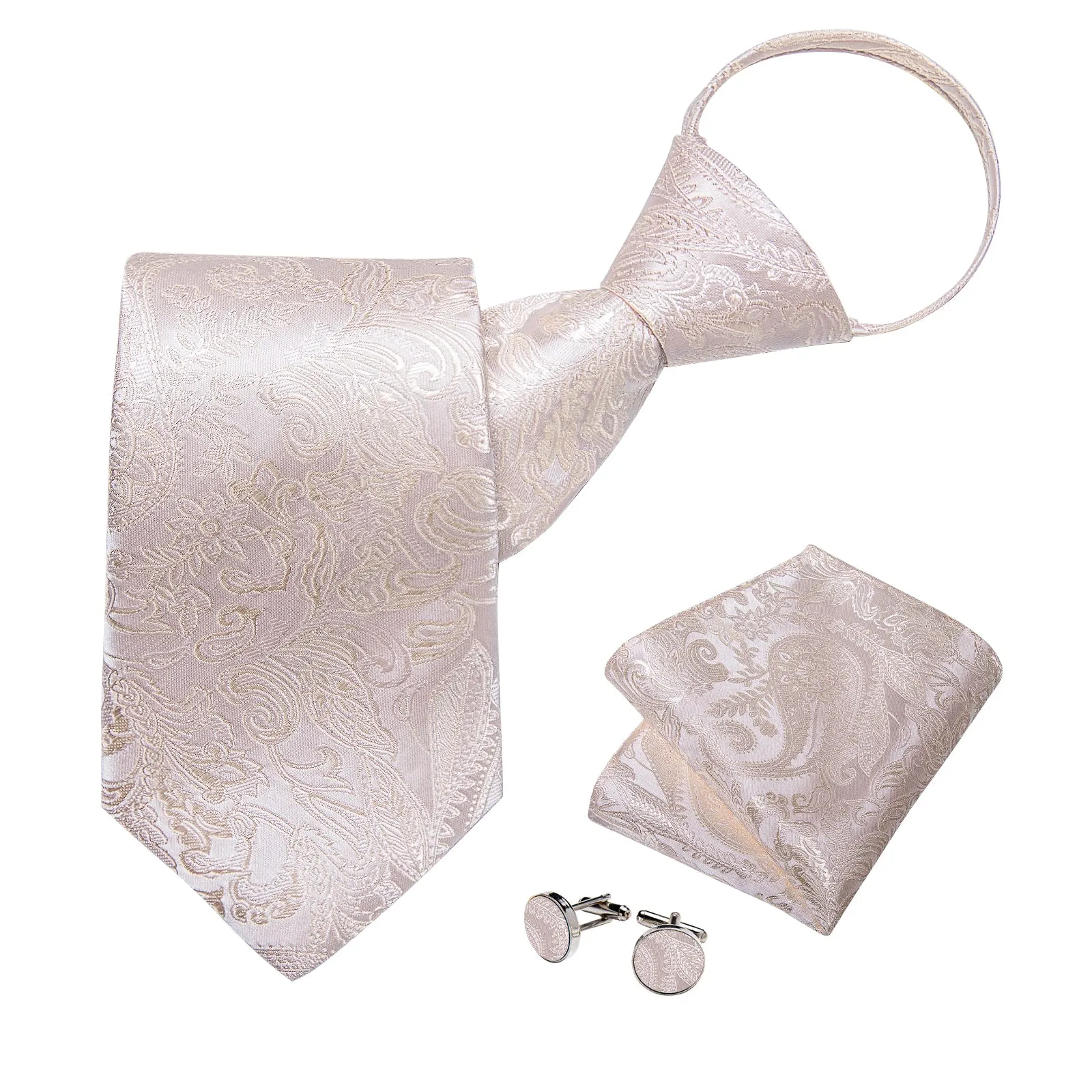 Champagne Pink Paisley Silk Pre-tied Tie Pocket Square Cufflinks Set sold by Ties2You product image thumbnail 3