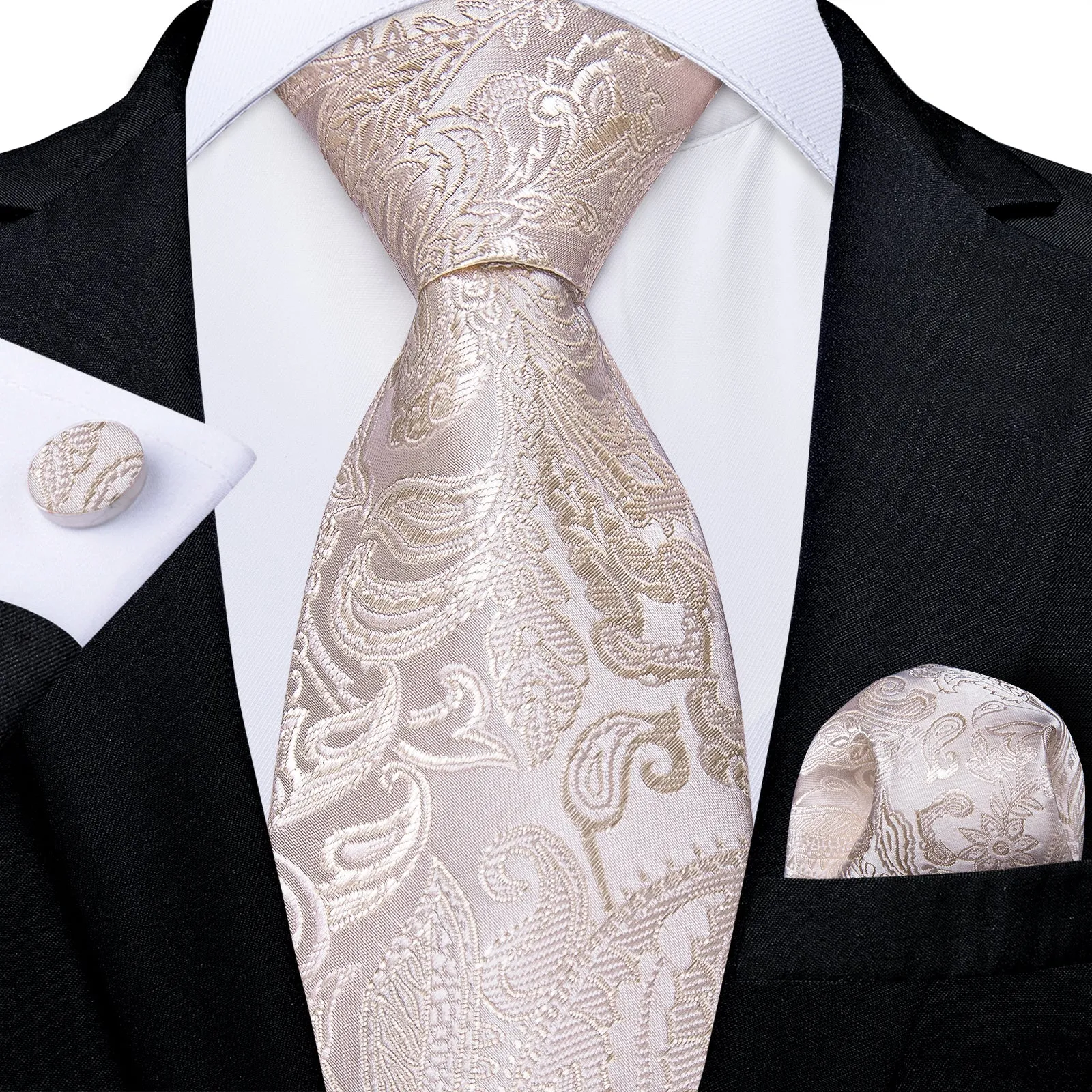Champagne Pink Paisley Silk Pre-tied Tie Pocket Square Cufflinks Set sold by Ties2You product image thumbnail 2