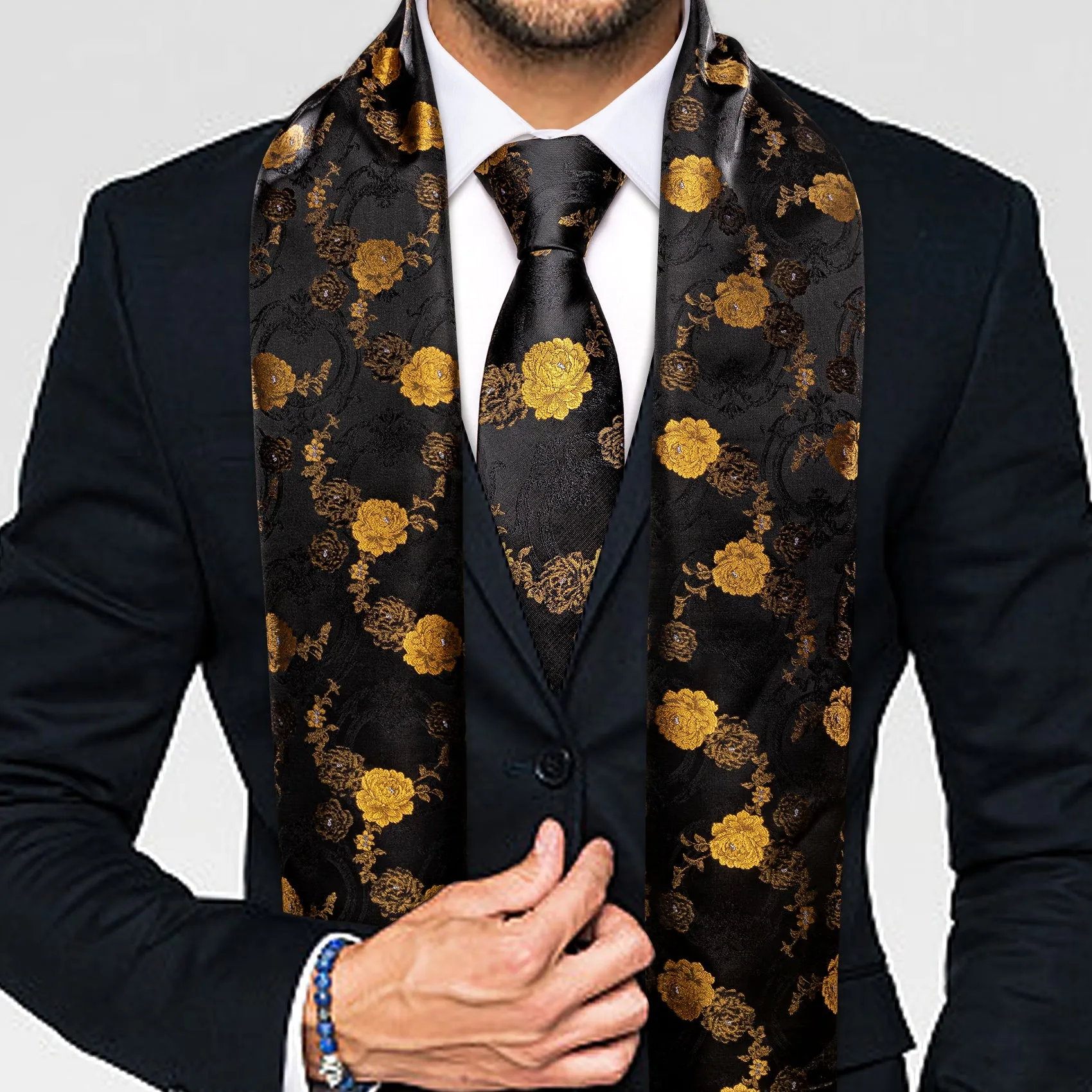 Black Golden Peony Floral Men's Silk Scarf Necktie Set sold by Ties2You