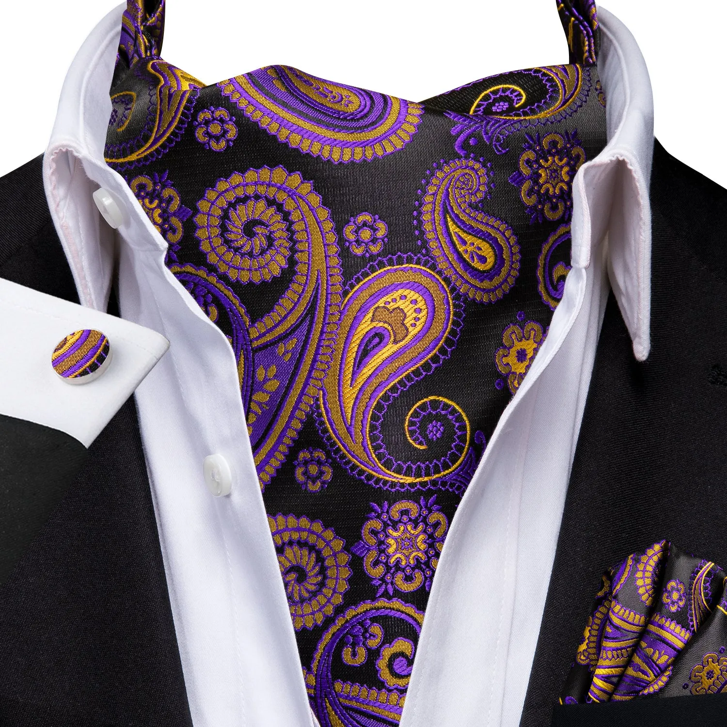 Purple Yellow Paisley Silk Cravat Woven Ascot Tie Pocket Square Cufflinks Set sold by Ties2You