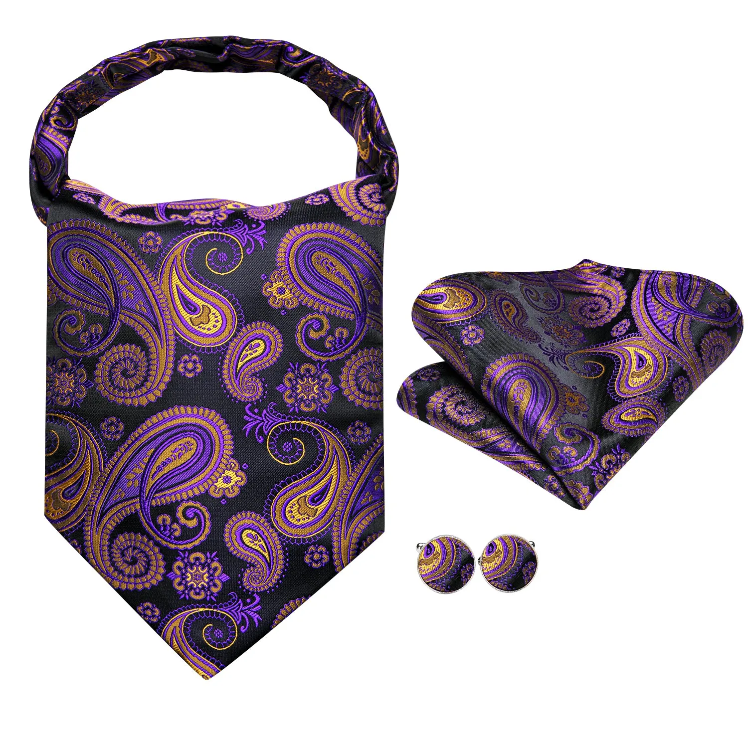 Purple Yellow Paisley Silk Cravat Woven Ascot Tie Pocket Square Cufflinks Set sold by Ties2You product image thumbnail 3