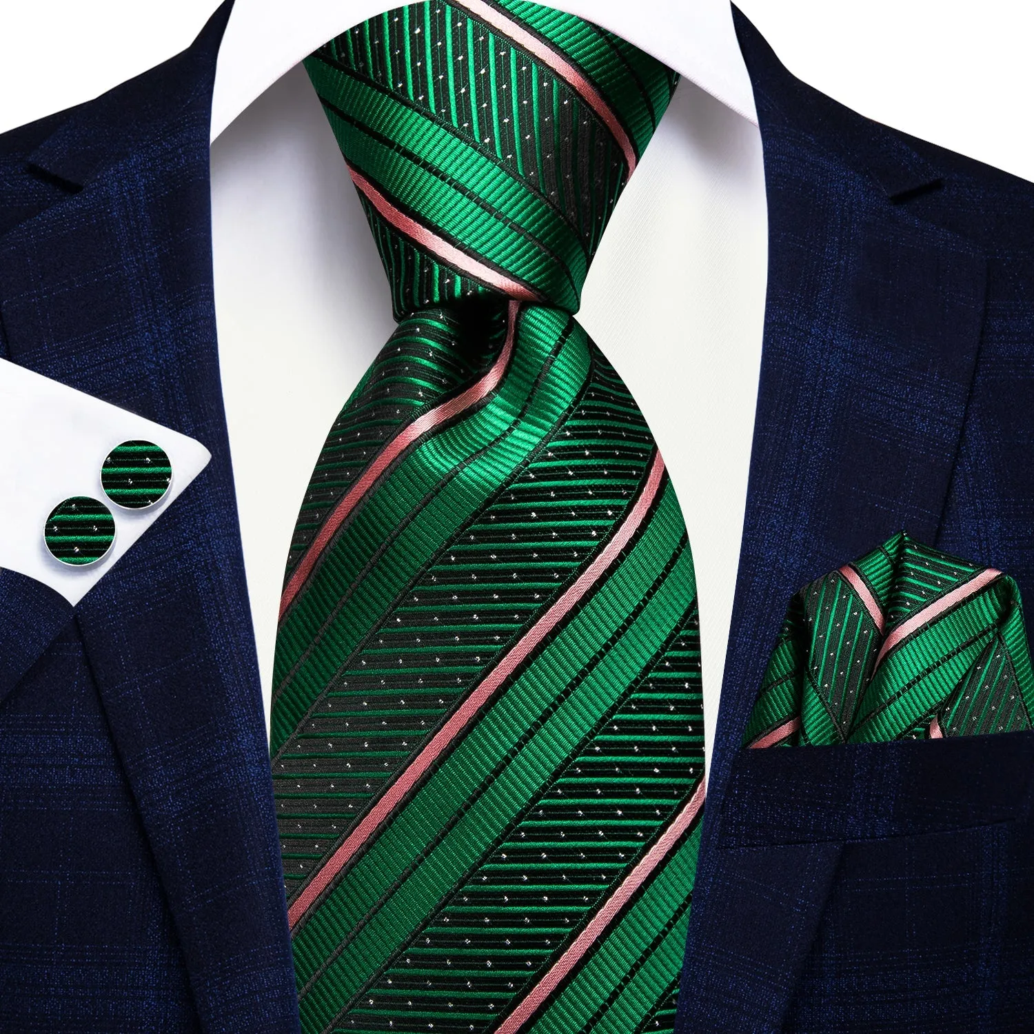 Green Pink Line Striped 70 Inches Extra Long Tie Pocket Square Cufflinks Set sold by Ties2You product image thumbnail 2