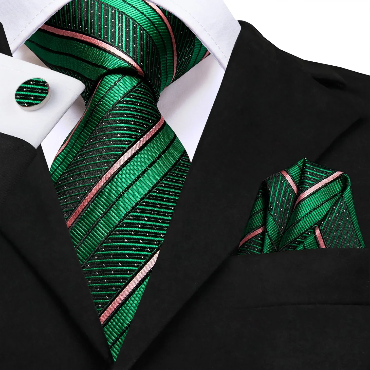 Green Pink Line Striped 70 Inches Extra Long Tie Pocket Square Cufflinks Set sold by Ties2You