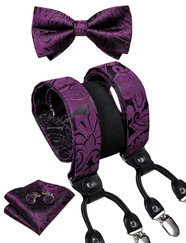 Black Purple Floral Y Back Brace Clip-on Men's Suspender with Bow Tie Set sold by Ties2You