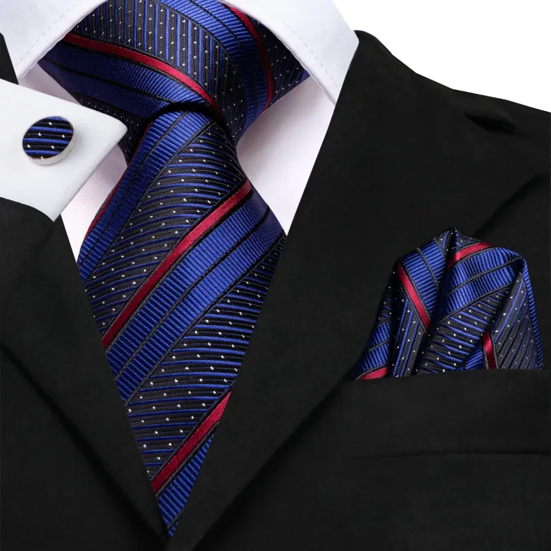 Deep Blue Red Line Striped 70 Inch Extra Long Tie Pocket Square Cufflinks Set sold by Ties2You