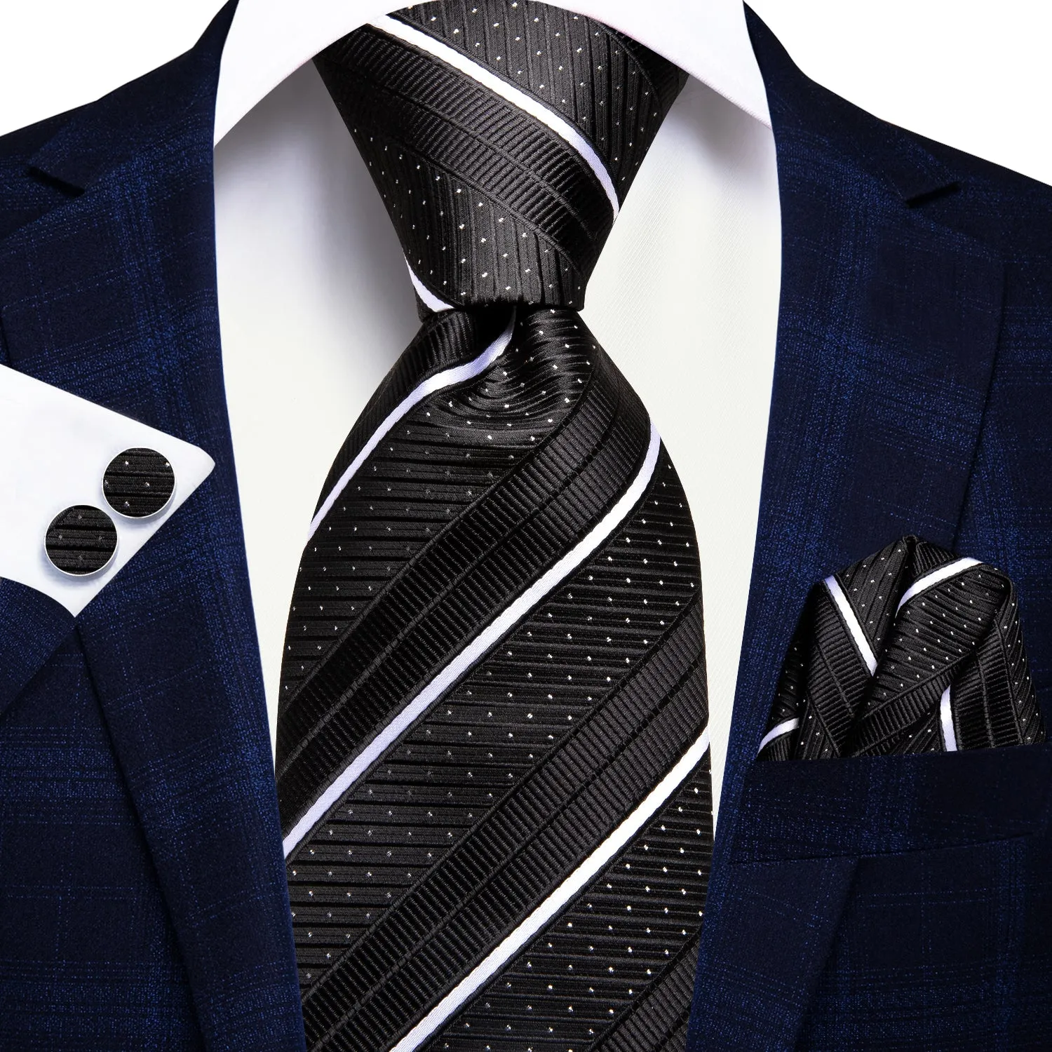 Ties2you Extra Long Tie Black White Line Striped 70 Inch Tie Pocket Square Cufflinks Set sold by Ties2You product image thumbnail 2