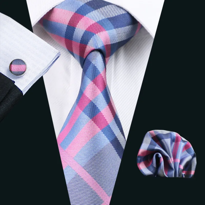 Pink Blue Grey Plaid 70 Inch Extra Long Tie Pocket Square Cufflinks Set made by Ties2You