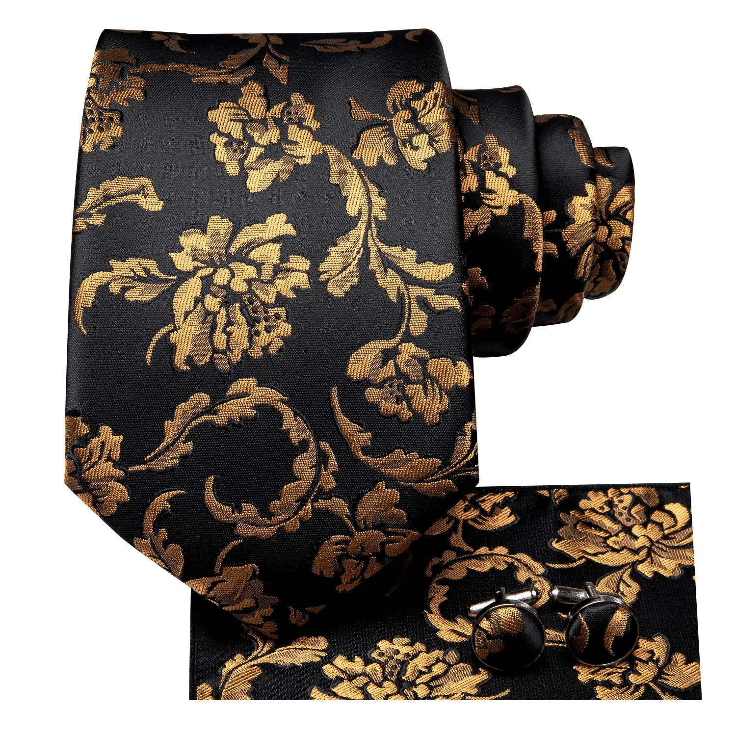 Black Golden Floral Silk 70 Inch Extra Long Necktie Pocket Square Cufflinks Set sold by Ties2You product image thumbnail 4