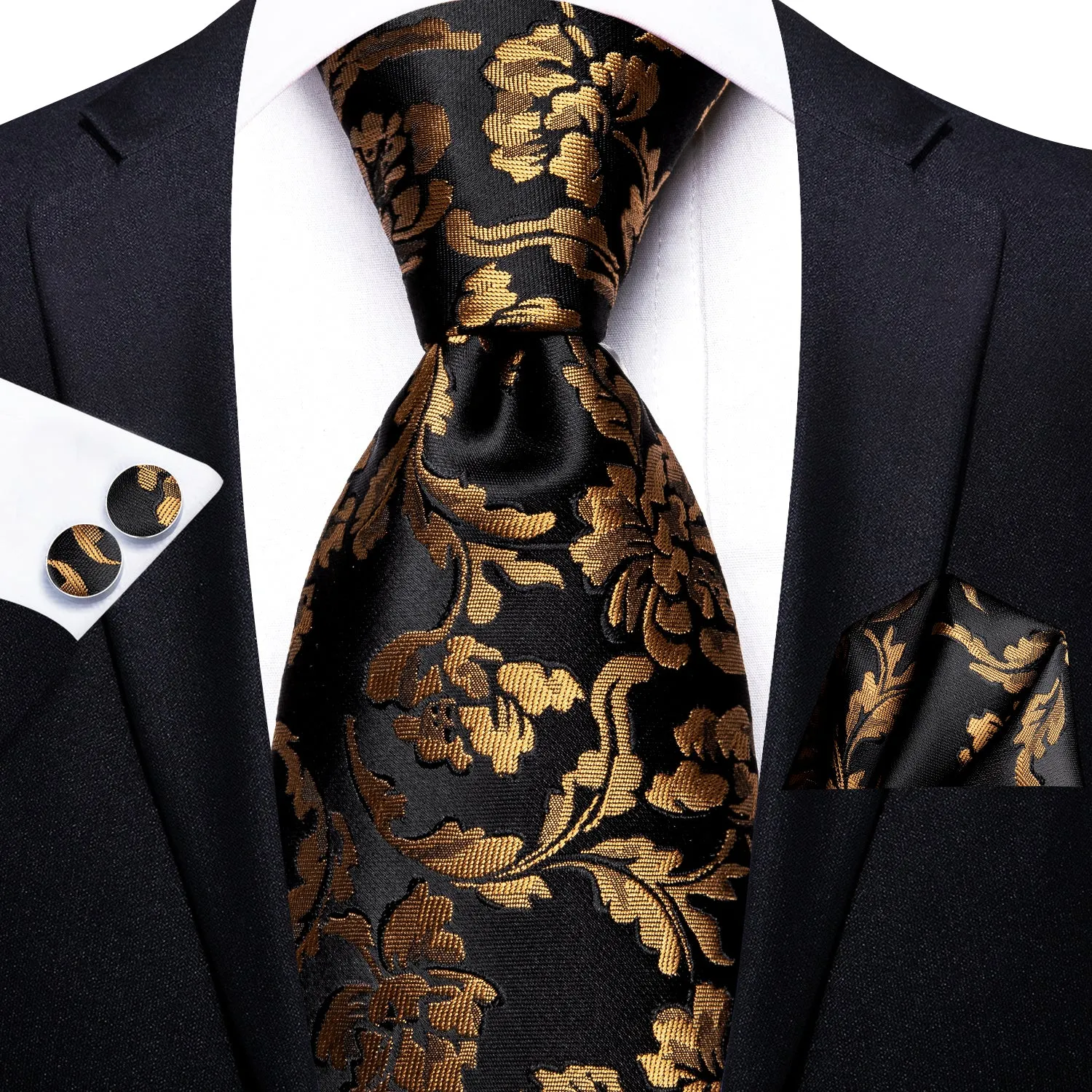 Black Golden Floral Silk 70 Inch Extra Long Necktie Pocket Square Cufflinks Set sold by Ties2You product image thumbnail 3