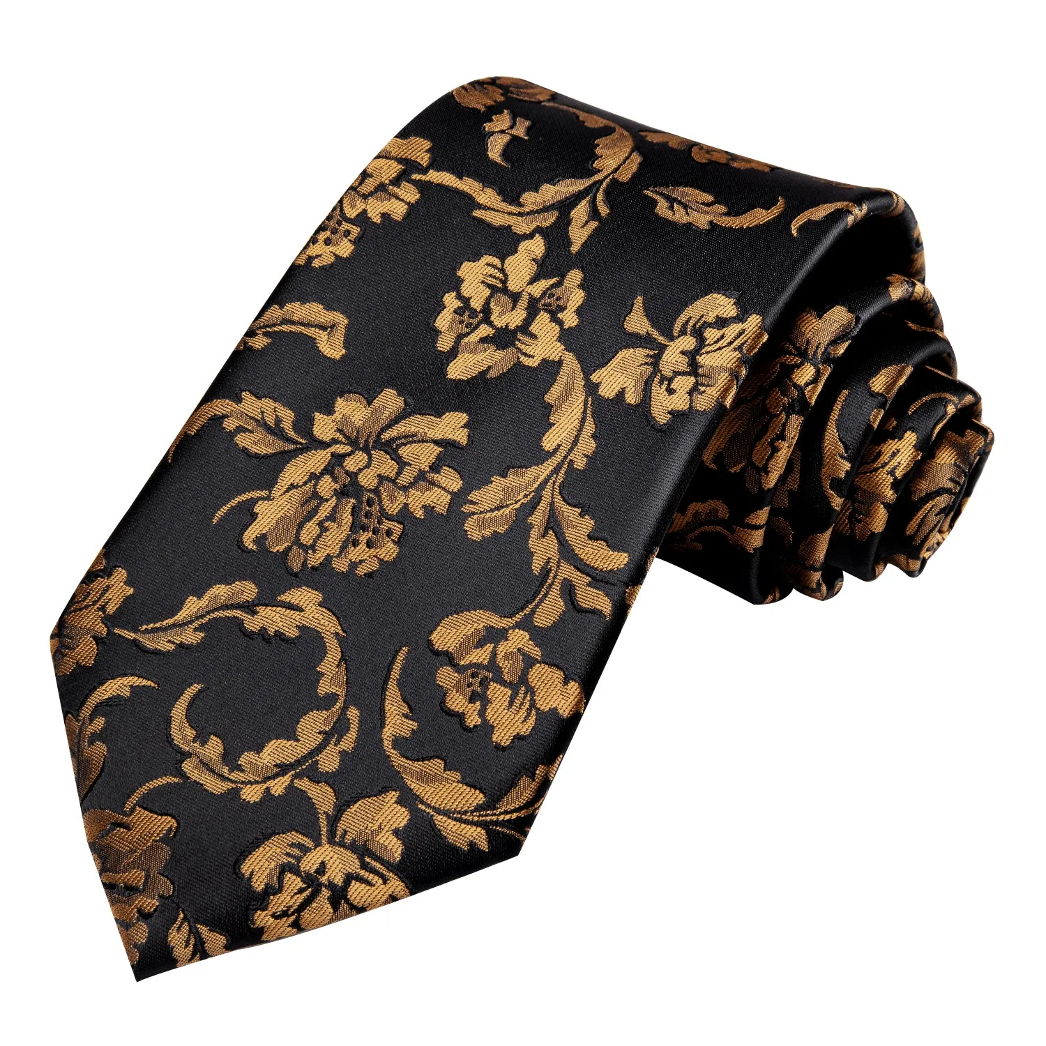 Black Golden Floral Silk 70 Inch Extra Long Necktie Pocket Square Cufflinks Set sold by Ties2You product image thumbnail 5