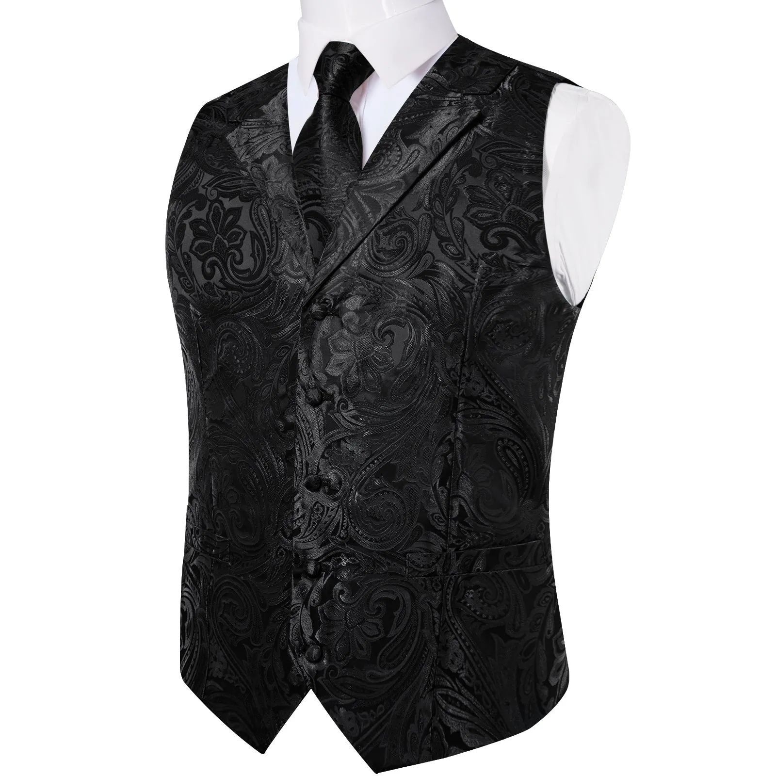 Black Paisley Men's Collar Vest Tie Hanky Cufflinks Set Waistcoat Suit Set sold by Ties2You product image thumbnail 4