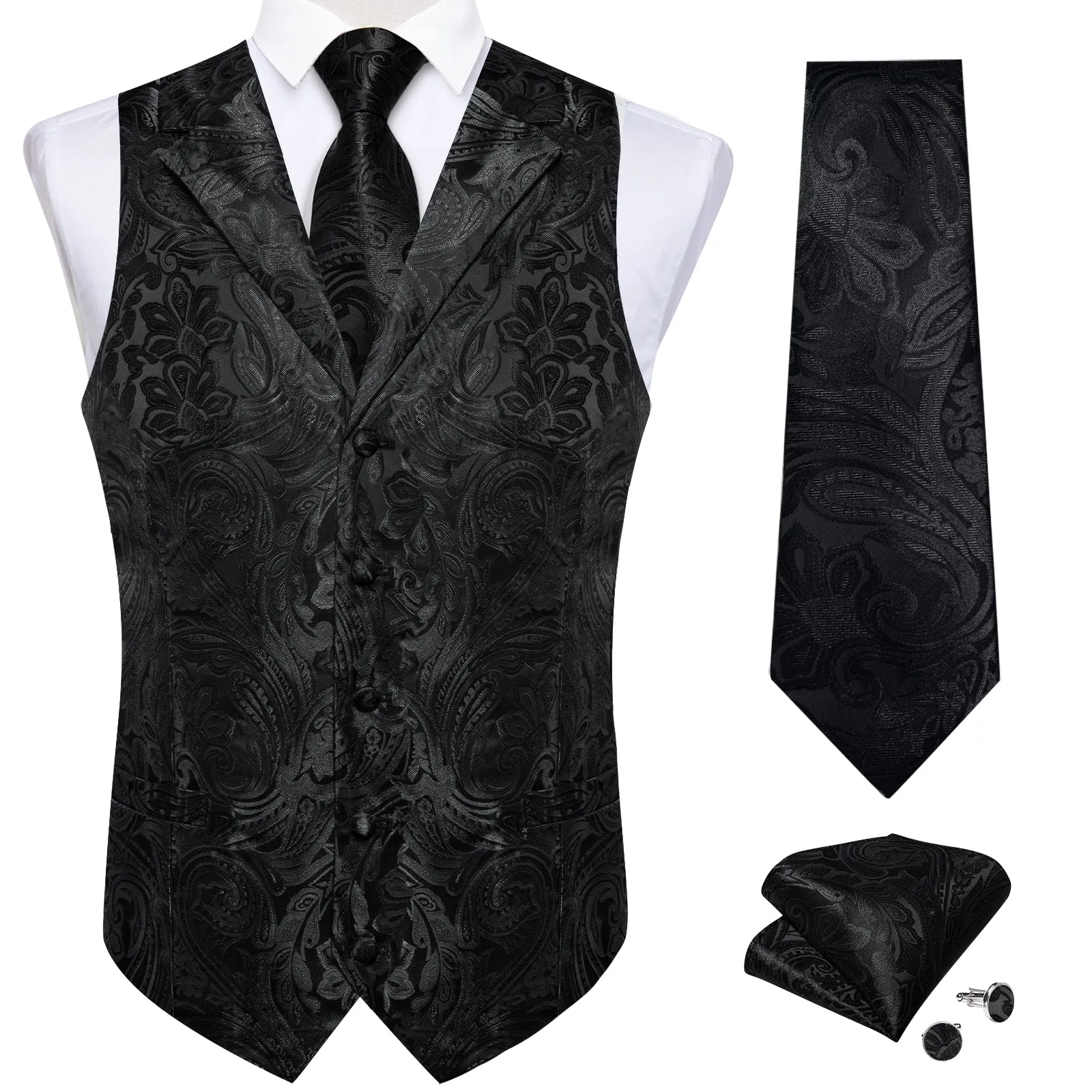 Black Paisley Men's Collar Vest Tie Hanky Cufflinks Set Waistcoat Suit Set sold by Ties2You product image thumbnail 2