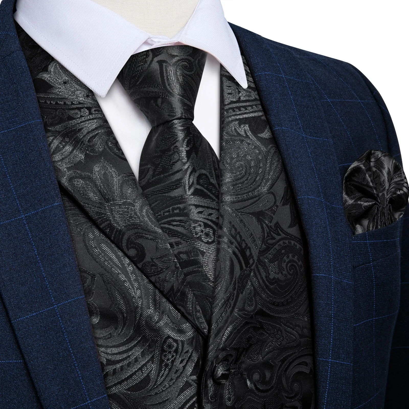 Black Paisley Men's Collar Vest Tie Hanky Cufflinks Set Waistcoat Suit Set sold by Ties2You
