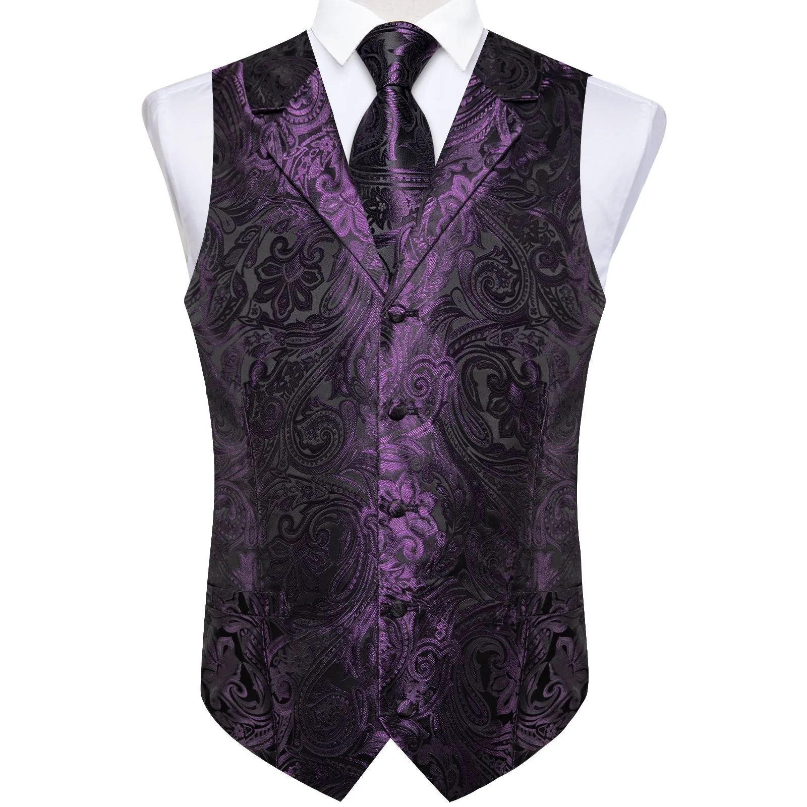 Deep Purple Paisley Men's Collar Vest Tie Hanky Cufflinks Set Waistcoat Suit Set sold by Ties2You product image thumbnail 5