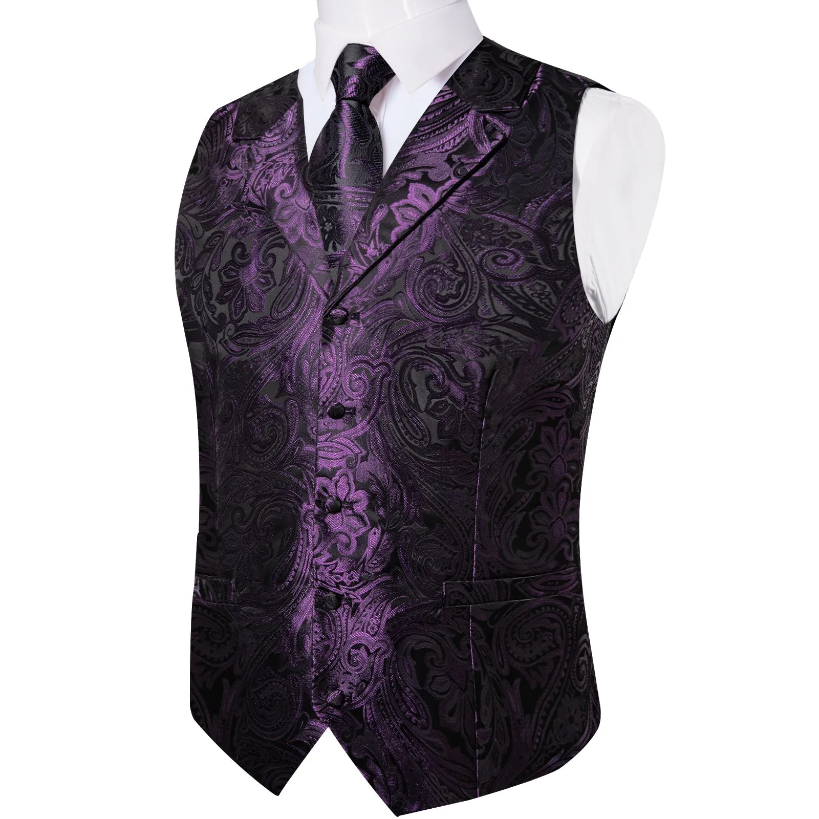 Deep Purple Paisley Men's Collar Vest Tie Hanky Cufflinks Set Waistcoat Suit Set sold by Ties2You product image thumbnail 2