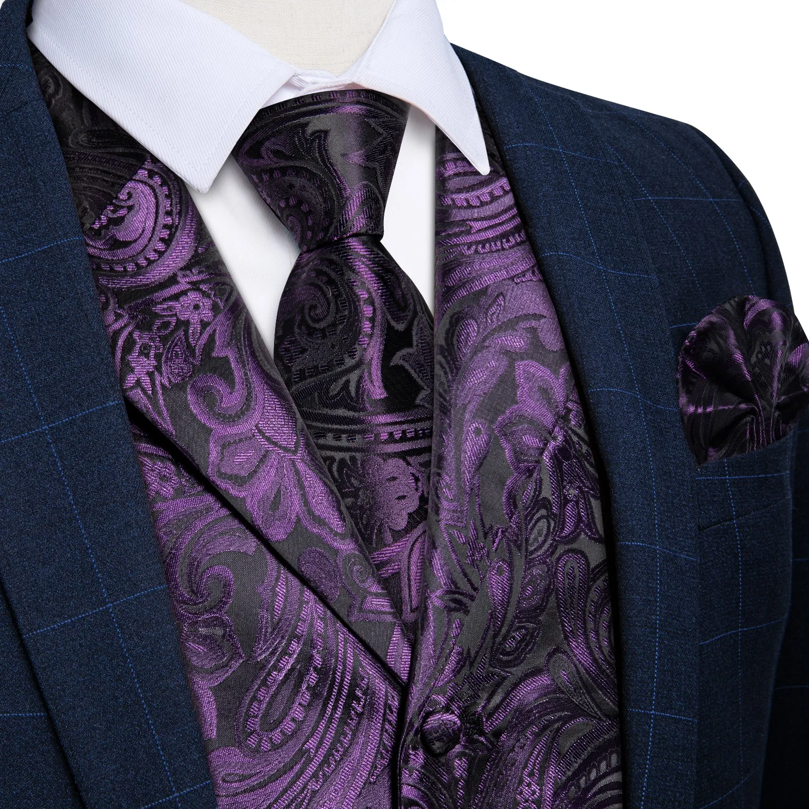 Deep Purple Paisley Men's Collar Vest Tie Hanky Cufflinks Set Waistcoat Suit Set sold by Ties2You