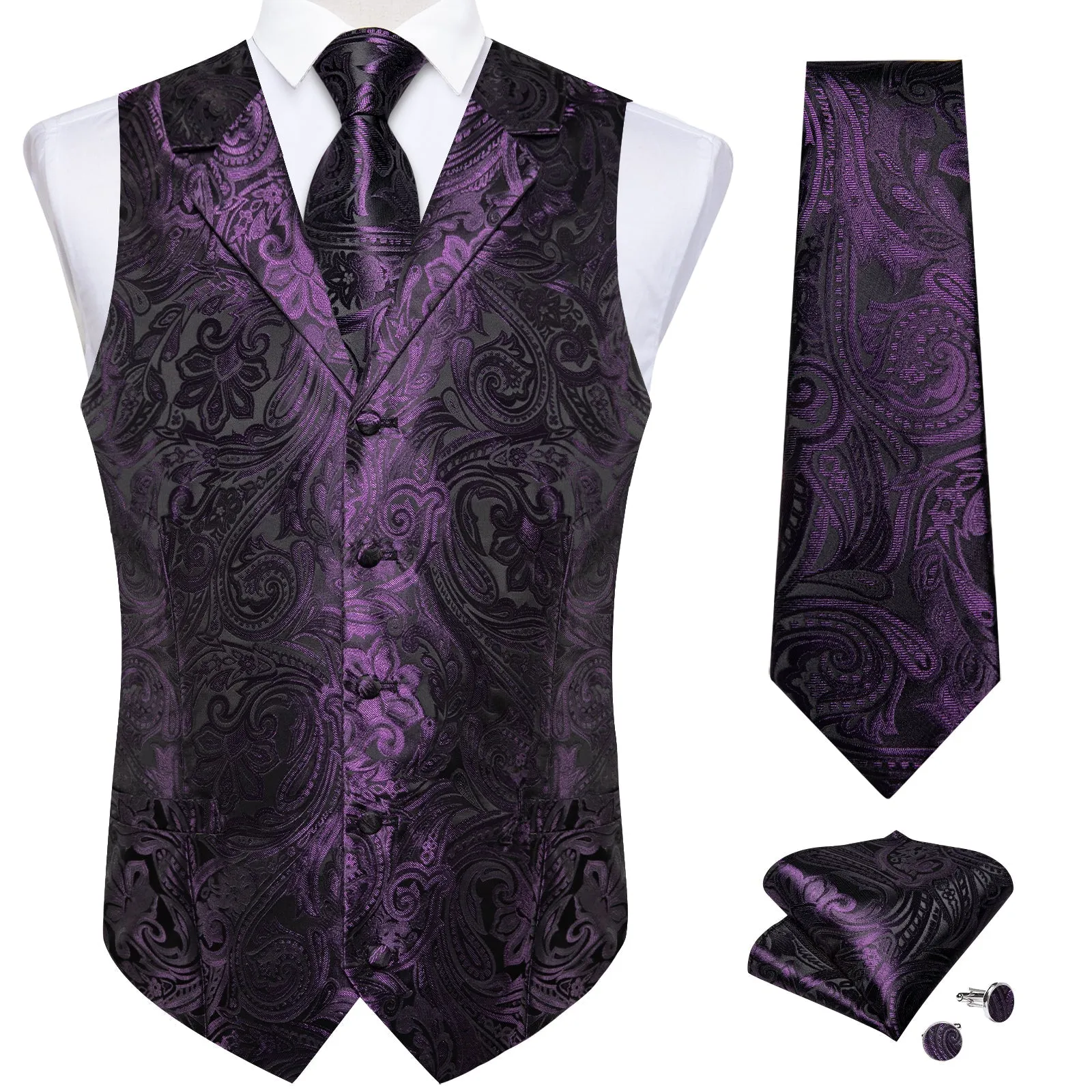 Deep Purple Paisley Men's Collar Vest Tie Hanky Cufflinks Set Waistcoat Suit Set sold by Ties2You product image thumbnail 4
