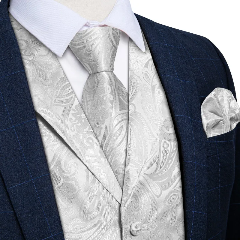 Ties2you Mens Vest Silver Paisley Vest Tie Hanky Cufflinks Set Waistcoat Suit Set sold by Ties2You