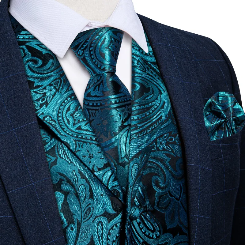 Ties2you Mens Silk Teal Green Vest Paisley Wedding Tuxedo Vest Tie Hanky Cufflinks Set sold by Ties2You