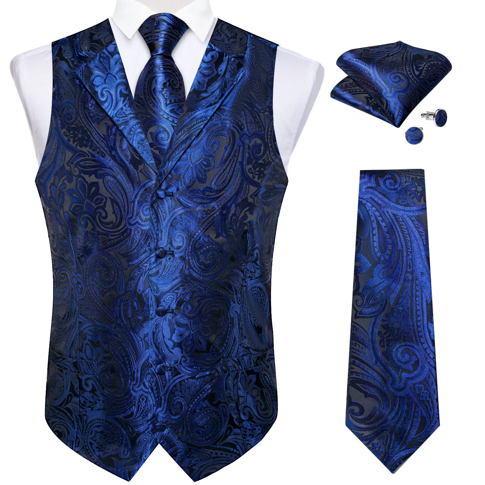 Royal Blue Paisley Men's Collar Vest Tie Hanky Cufflinks Set Waistcoat Suit Set sold by Ties2You product image thumbnail 2