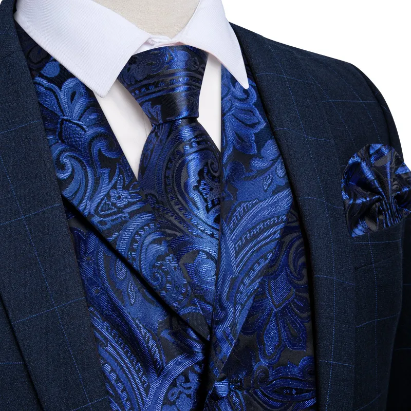 Royal Blue Paisley Men's Collar Vest Tie Hanky Cufflinks Set Waistcoat Suit Set sold by Ties2You