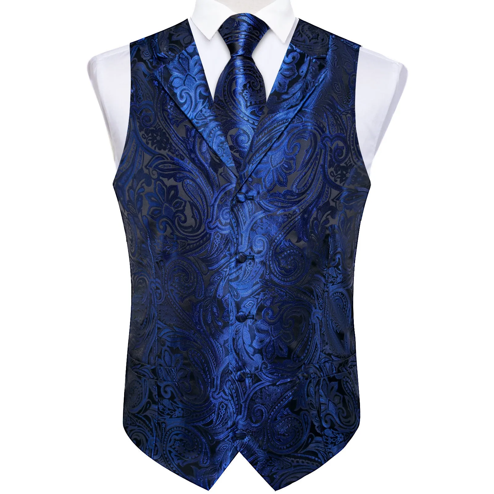 Royal Blue Paisley Men's Collar Vest Tie Hanky Cufflinks Set Waistcoat Suit Set sold by Ties2You product image thumbnail 4