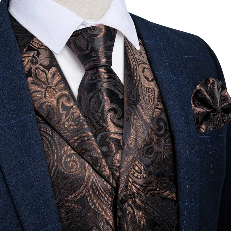 Brown Black Paisley Men's Collar Vest Tie Hanky Cufflinks Set Waistcoat Suit Set sold by Ties2You