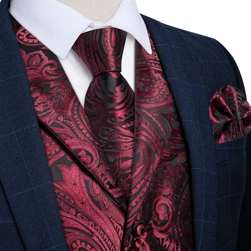 Deep Red Paisley Men's Collar Vest Tie Hanky Cufflinks Set Waistcoat Suit Set sold by Ties2You