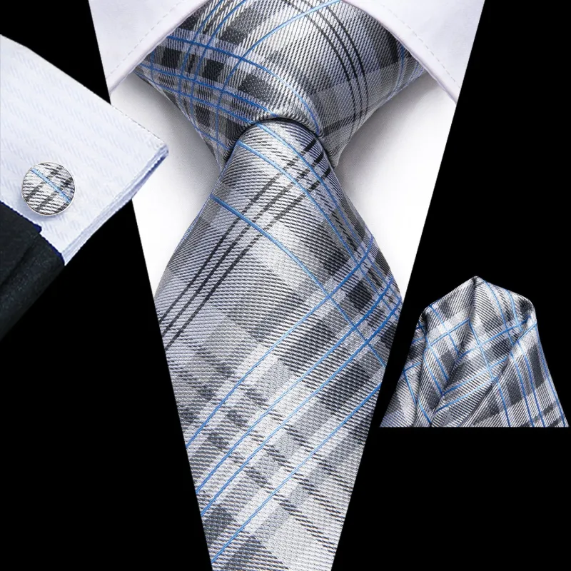 White Grey Plaid Silk Men's Tie Hanky Cufflinks Set sold by Ties2You