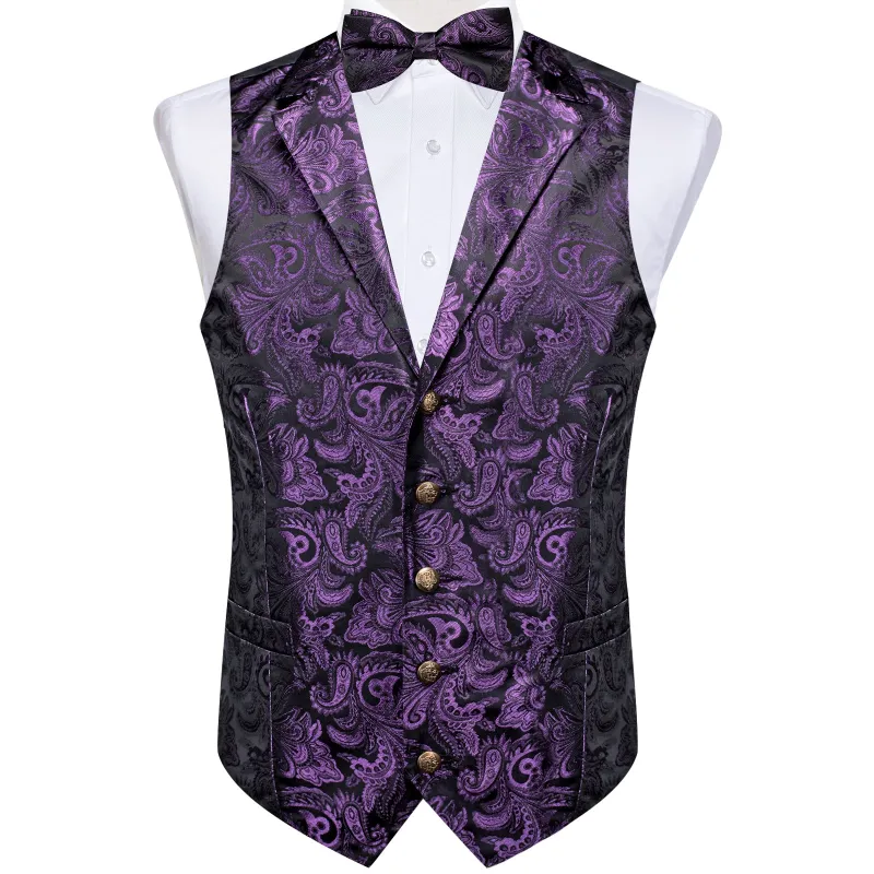 Dark Purple Paisley Silk Men's Collar Vest Bow Tie Handkerchief Cufflinks Set Waistcoat Suit Set made by Ties2You
