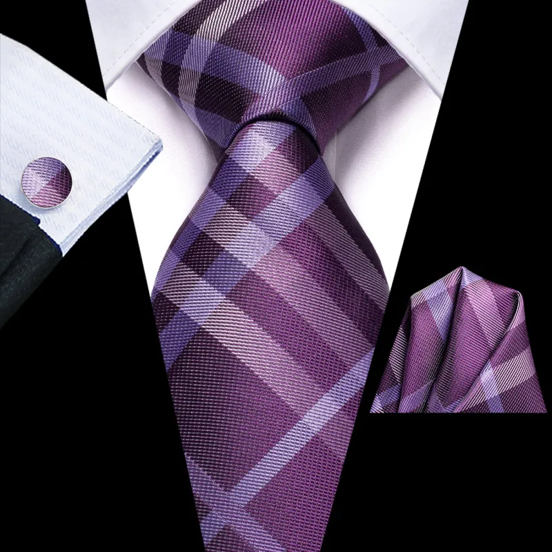 Purple Plaid Silk Men's Tie Hanky Cufflinks Set sold by Ties2You