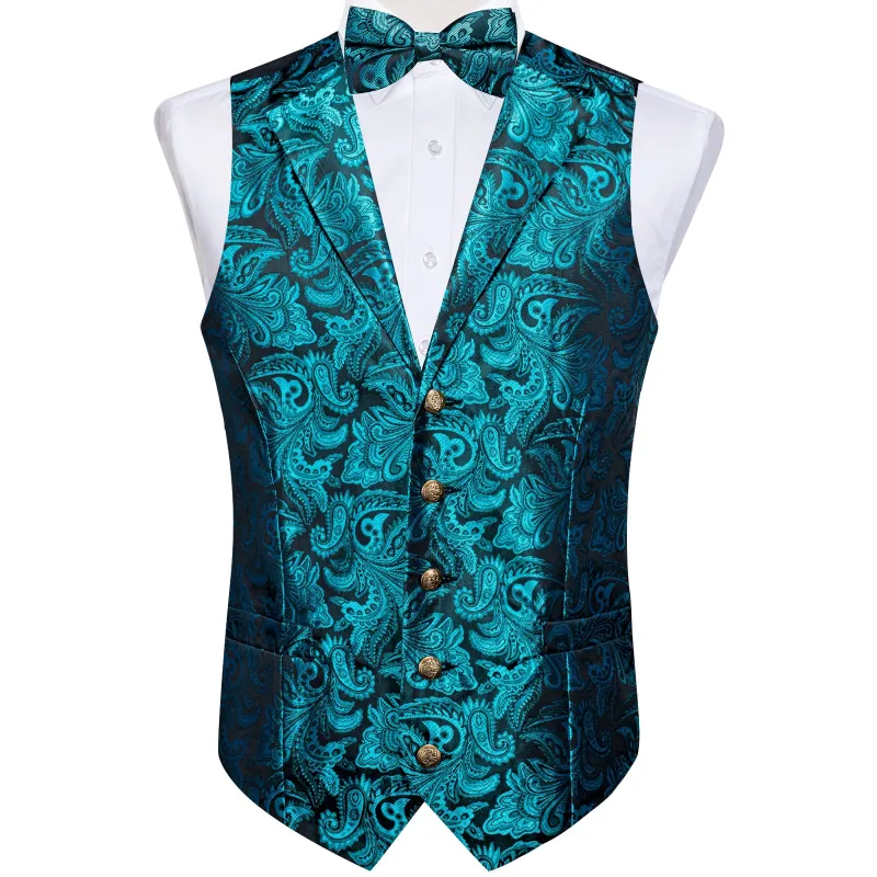 Lake Blue Paisley Silk Men's Collar Vest Bow Tie Handkerchief Cufflinks Set Waistcoat Suit Set made by Ties2You
