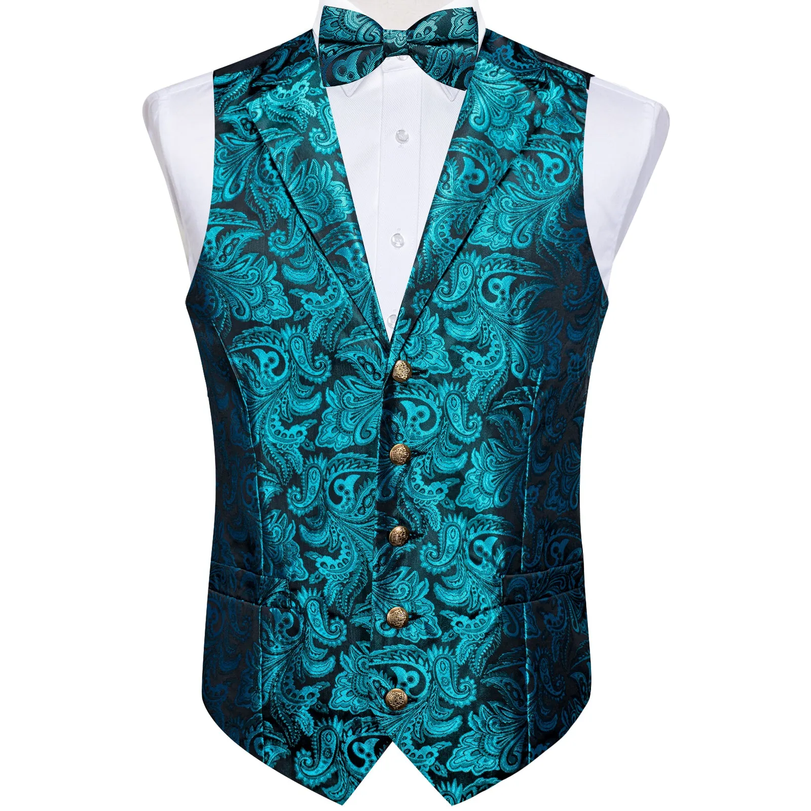 Lake Blue Paisley Silk Men's Collar Vest Bow Tie Handkerchief Cufflinks Set Waistcoat Suit Set sold by Ties2You