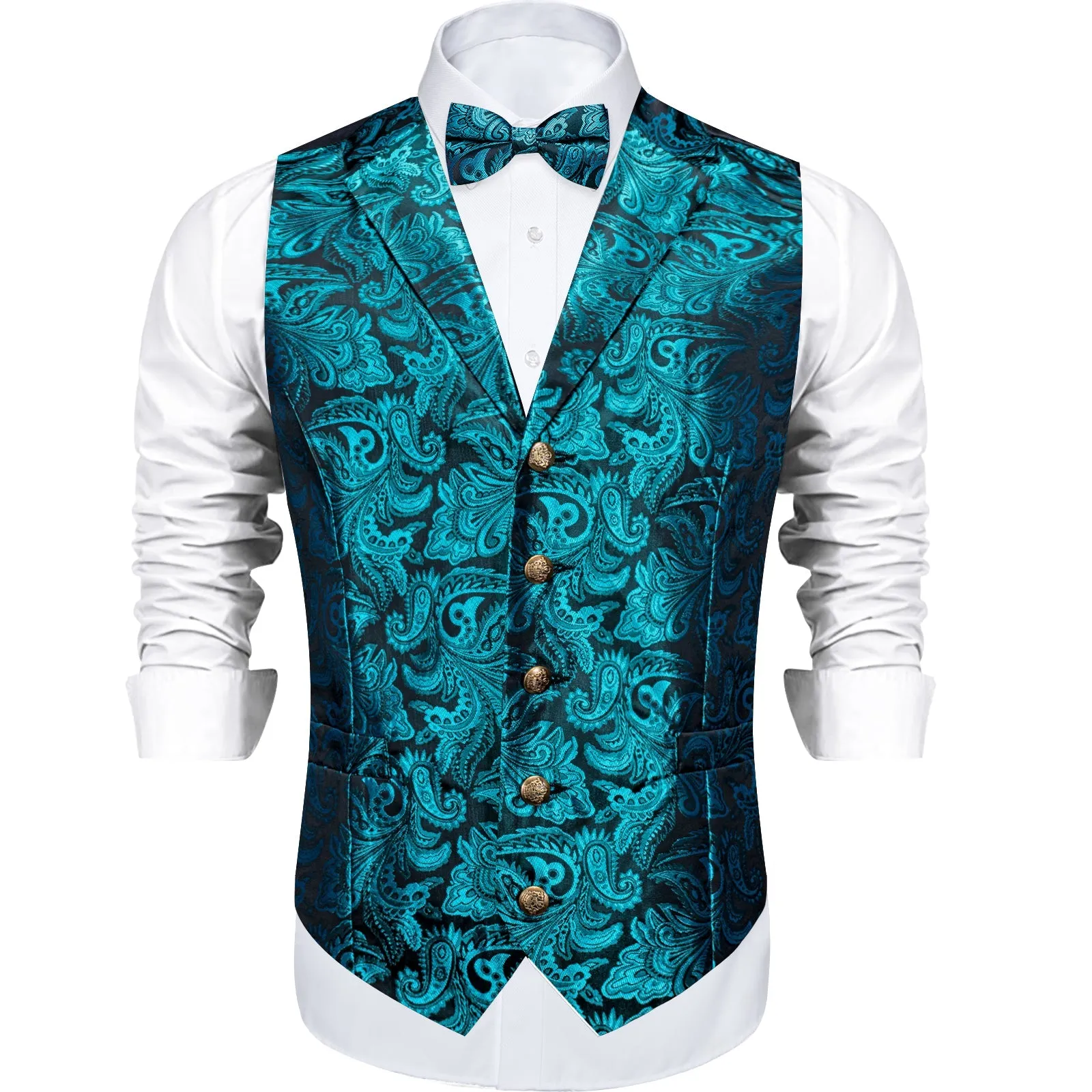 Lake Blue Paisley Silk Men's Collar Vest Bow Tie Handkerchief Cufflinks Set Waistcoat Suit Set sold by Ties2You product image thumbnail 2