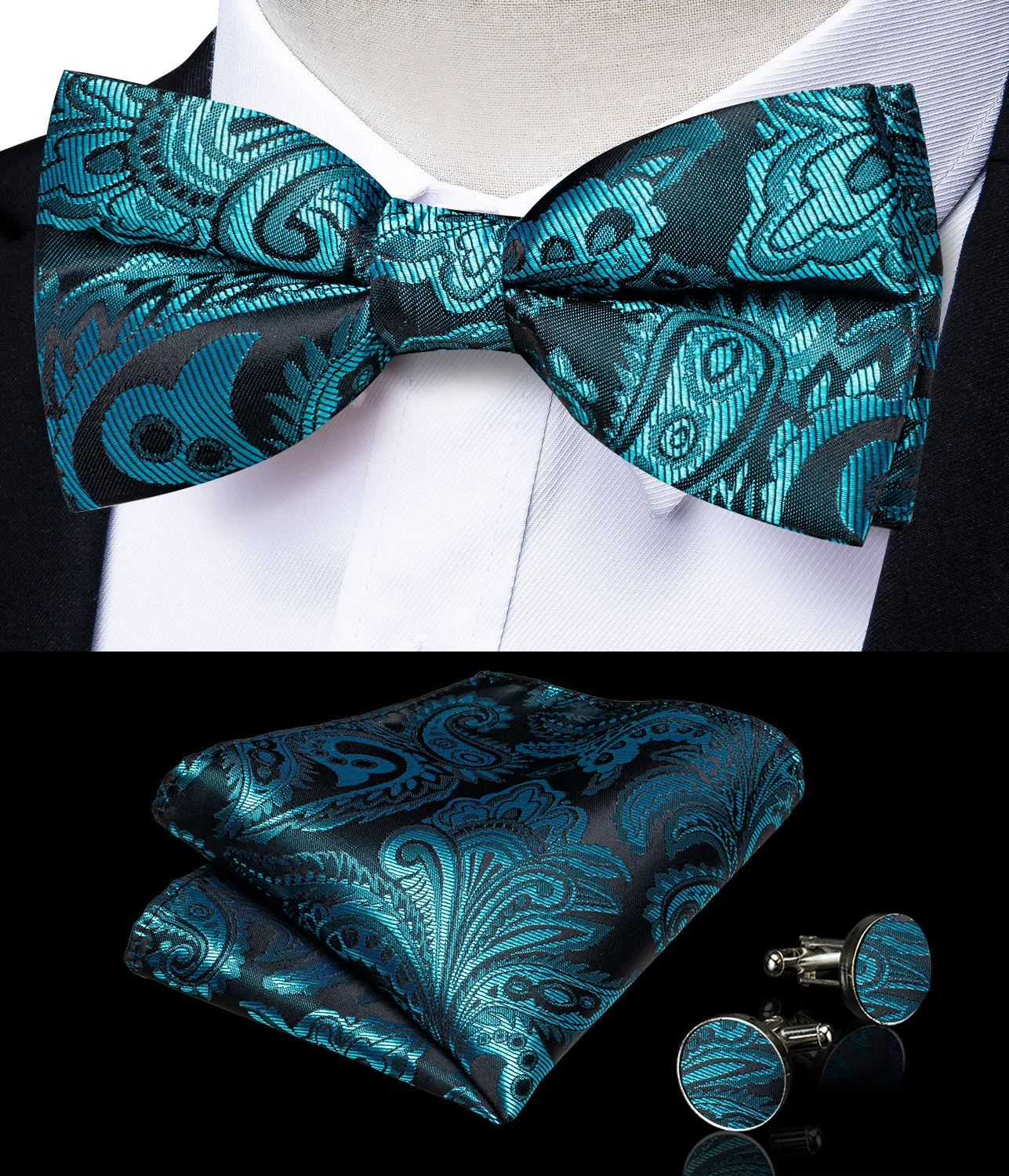 Lake Blue Paisley Silk Men's Collar Vest Bow Tie Handkerchief Cufflinks Set Waistcoat Suit Set sold by Ties2You product image thumbnail 3