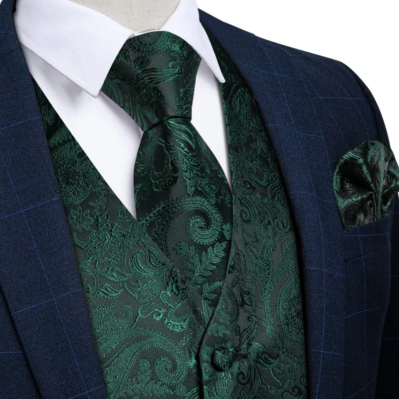Ties2you Vest for Men Emerald Green Paisley Silk Vest Tie Hanky Cufflinks Set sold by Ties2You