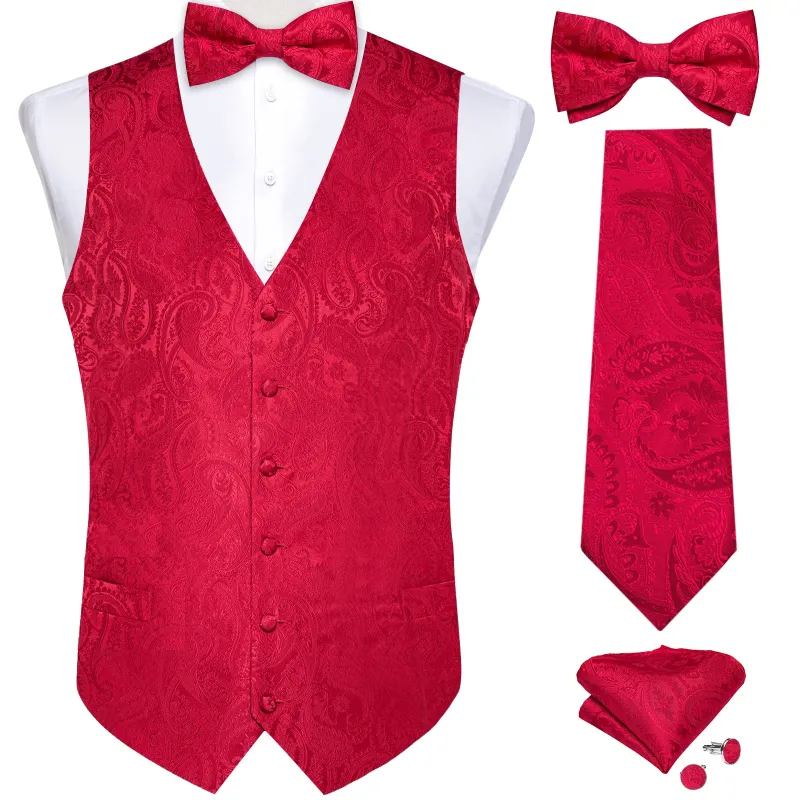 Luxury Red Paisley Jacquard Silk Men's Vest Hanky Cufflinks Necktie Bowtie Set sold by Ties2You