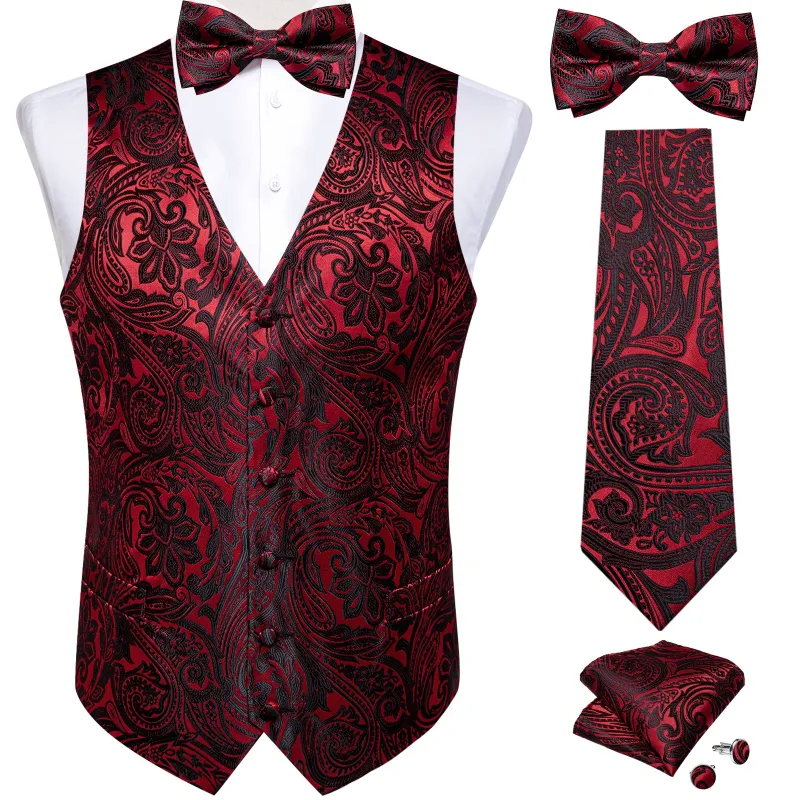 Red Black Paisley Jacquard Silk Men's Vest Hanky Cufflinks Necktie Bowtie Set sold by Ties2You