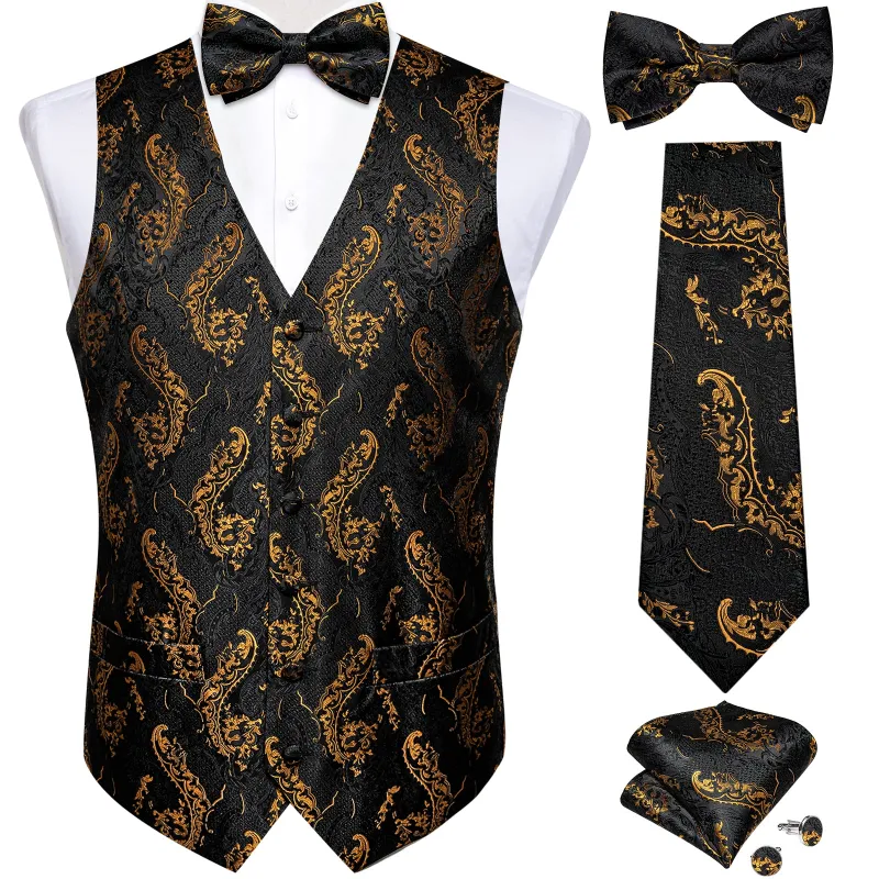Ties2you Gold Paisley Formal Vest Black 5PCS Suit Waistcoat Tie Bowtie Hanky Cufflinks Set sold by Ties2You