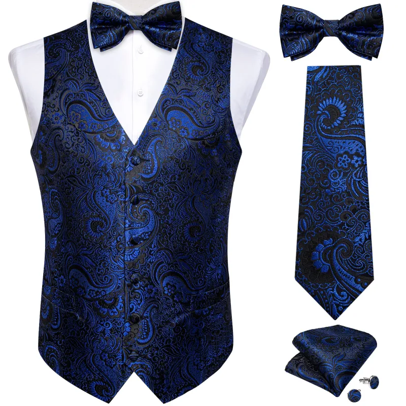 Dark Blue Paisley Jacquard Silk Men's Vest Hanky Cufflinks Necktie Bowtie Set sold by Ties2You