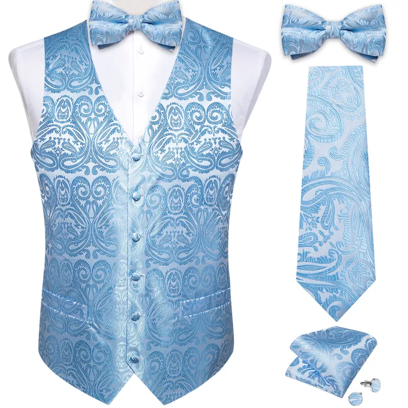 Sky Blue Paisley Jacquard Silk Men's Vest Hanky Cufflinks Necktie Bowtie Set sold by Ties2You