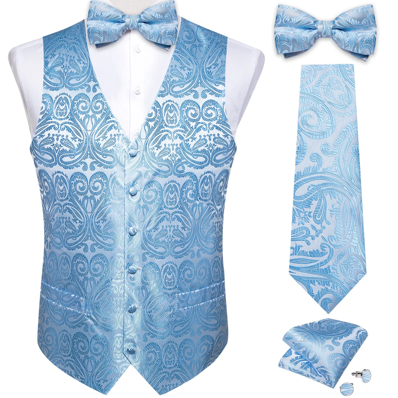 Sky Blue Paisley Jacquard Silk Men's Vest Hanky Cufflinks Necktie Bowtie Set sold by Ties2You