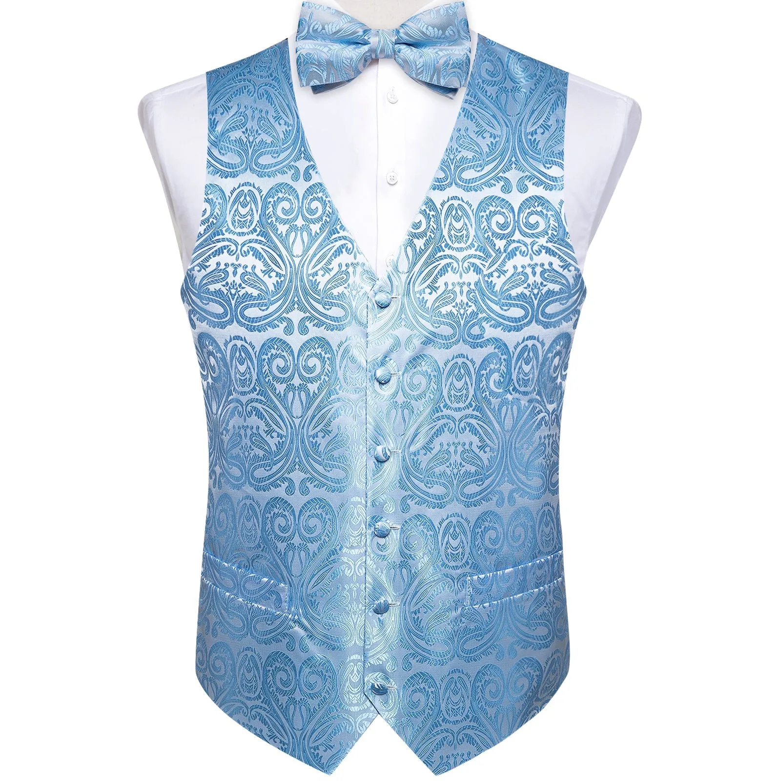Sky Blue Paisley Jacquard Silk Men's Vest Hanky Cufflinks Necktie Bowtie Set sold by Ties2You product image thumbnail 2