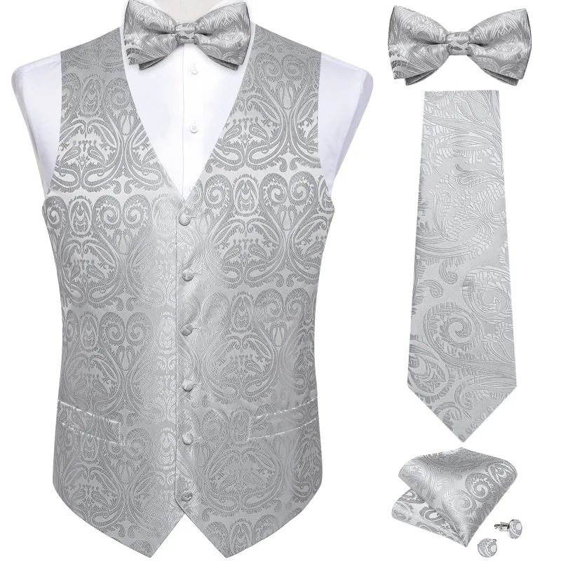 Silver Grey Paisley Jacquard Silk Men's Vest Hanky Cufflinks Necktie Bowtie Set sold by Ties2You