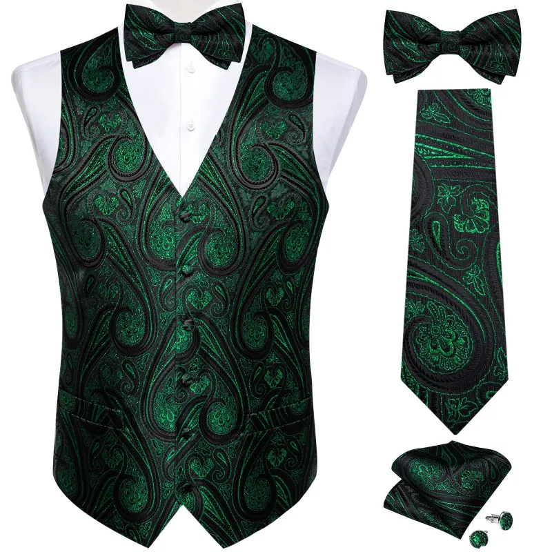 Black Green Paisley Jacquard Silk Men's Vest Hanky Cufflinks Necktie Bowtie Set sold by Ties2You
