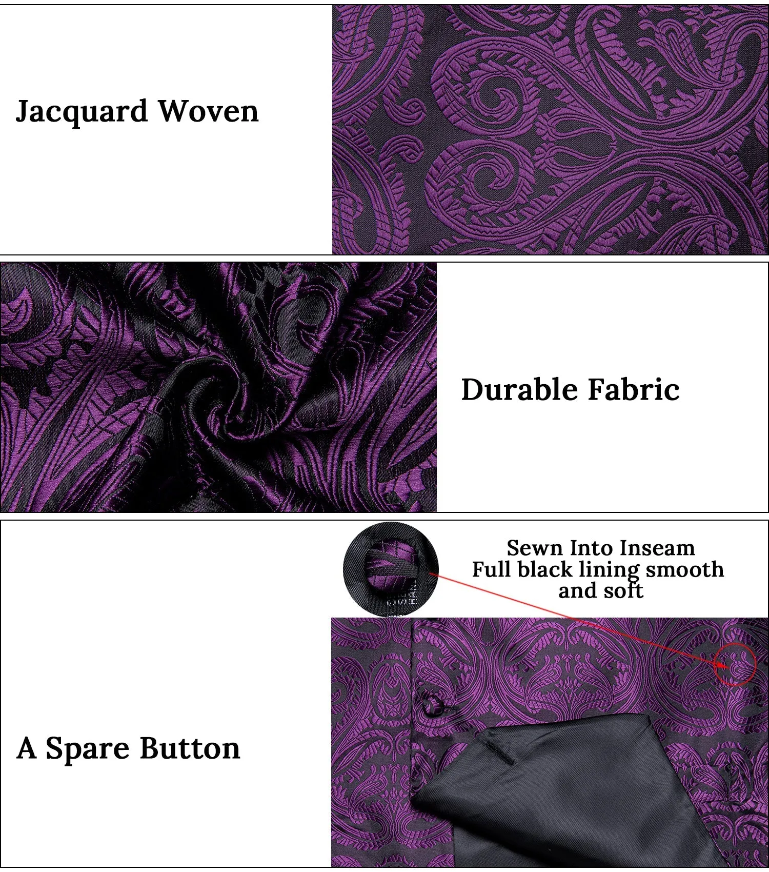 Black Purple Paisley Jacquard Silk Men's Vest Hanky Cufflinks Bowtie Necktie Set sold by Ties2You product image thumbnail 3