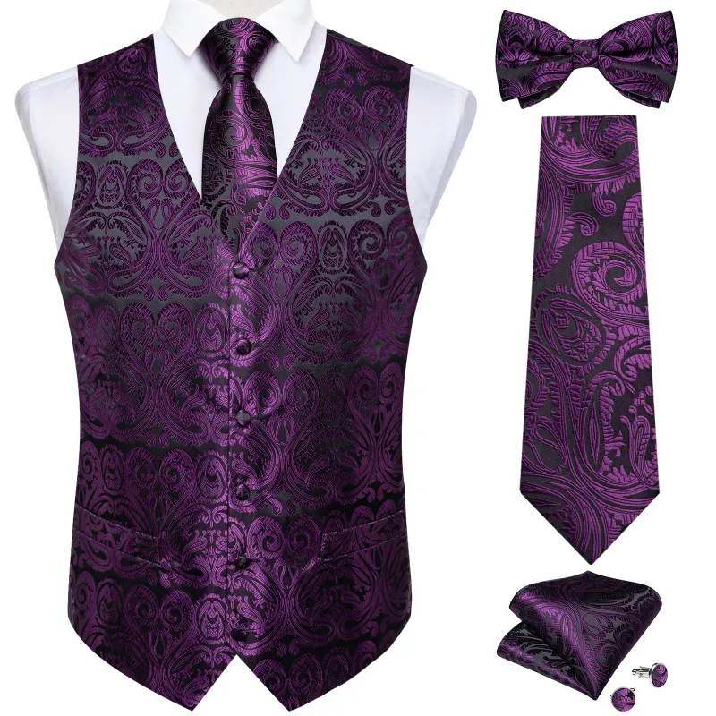 Black Purple Paisley Jacquard Silk Men's Vest Hanky Cufflinks Bowtie Necktie Set sold by Ties2You